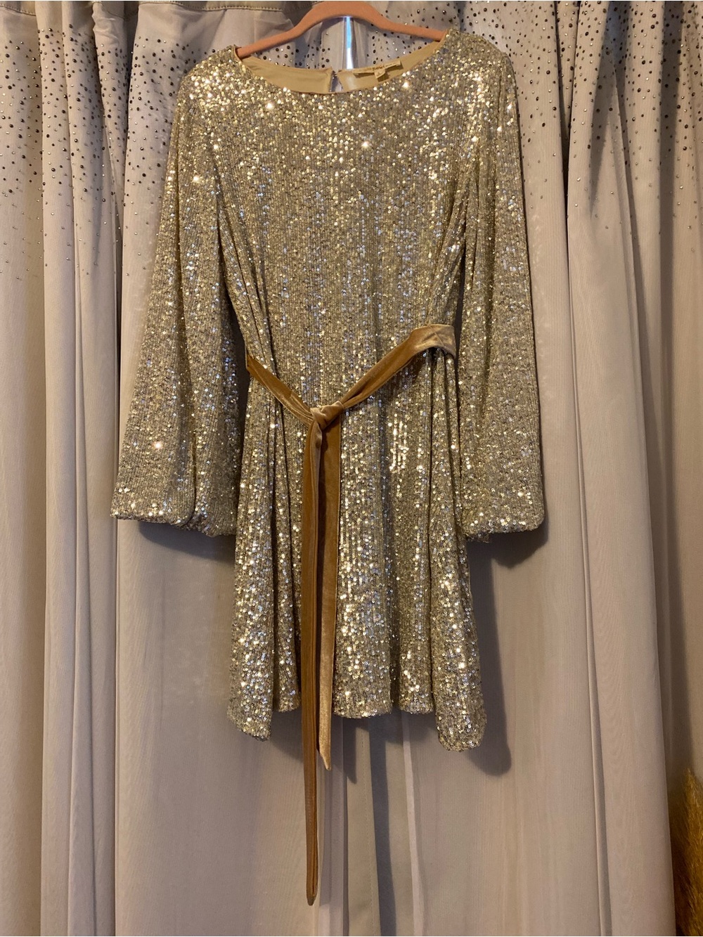 REWIND NWT SIZE LARGE LONG BALLOON SLEEVE CHAMPAGNE MINI SEQUIN DRESS